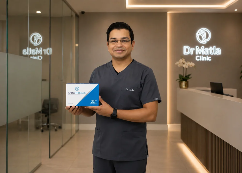 Dr Matla holding Aptos Threads 25th Anniversary package at Dr Matla Clinic